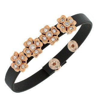 Black Leather Rose Gold Tone White Crystals CZ Flowers Floral Design Wristband Womens Adjustable Bracelet My Daily Styles Jewelry