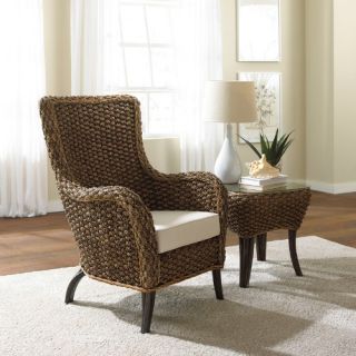 Hospitality Rattan Cozmel 2 Piece Full Frame Wicker Lounge Chair with Cushion and End Table with Glass   Antique   Accent Chairs