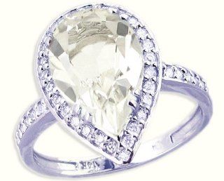 14K White Gold Pear Gemstone and Diamond Cocktail & Right Hand Ring White Topaz, size5 Jewelry
