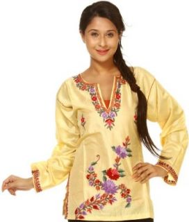 Exotic India Cornsilk Kashmiri Kurti with Floral Ari Embroidery   Cornsilk Clothing