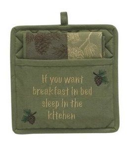 Breakfast in Bed Lodge Potholder and Dish Towel Set   Kitchen Linen Sets