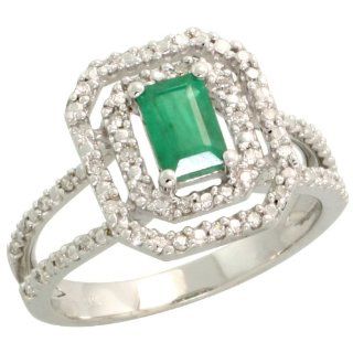 14k White Gold Rectangular Diamond Ring, w/ 0.25 Carat Brilliant Cut Diamonds & 0.59 Carat (6x4mm) Emerald Cut Emerald Stone, 1/2 in. (13mm) wide, Size 9 Jewelry