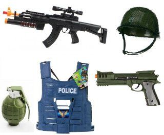 Electric Lights and Sounds AK 47 w/ Scope, Grenade Launcher Toy Gun Toy Gun For Kids, Army Helmet, Blowback Realistic Battery Robocop Pistol, Police Vest, Battey Operated Removable Pin toy Grenade Toys & Games