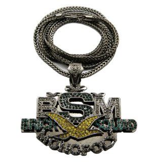 New Iced Out Hematite/Green/Yellow BSM Brick squad Monopoly Pendant w/4mm 36" Franco Chain Necklace MP830HE GNYL Jewelry