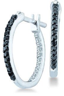 14k White Gold Two Double Sided Back and Front Round Black and White Diamond Hoop Huggie Earrings   15mm Height * 2mm Width (1/4 cttw) Jewelry