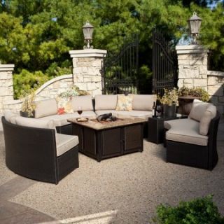 Meridian All Weather Wicker Conversation Set with Granite Fire Pit and Sunbrella Cushions   Wicker Furniture