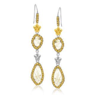 18K Yellow Gold & Sterling Silver Rutilated Quartz Fleur De Lis Dangling Earrings Jewelry