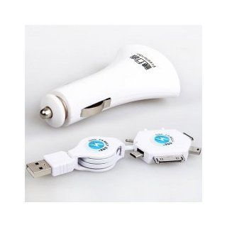 iBee Power Series White Freelander Smile Dual USB Car Charger Adapter + Multi Design 6 in 1  Micro USB, 30 Pin, 8 Pin Retractable Lightning Retractable USB Cable for Apple Android iPhone 5 iPhone 4/4S, iPad, iPod, Samsung, Nokia HTC, etc 