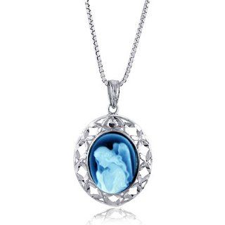 Sterling Silver Oval Frame 14X10mm Blue Agate Guardian Angel Cameo Pendant w/22" Adjustable Chain Jewelry