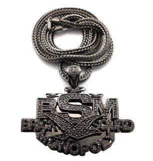 New Iced Out Hematite BSM Brick squad Monopoly Pendant w/4mm 36" Franco Chain Necklace MP830HE Jewelry