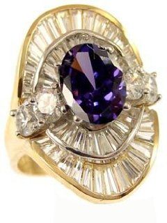 14k Yellow Gold White Rhodium, Fancy Estate Style Cocktail Ring with Lab Created Oval Shape Purple Violet Colored Stone Jewelry