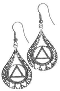Alcoholics Anonymous Recovery Symbol Earrings, #854 6, Ster., Circle Triangle w/ 3 Hearts in Filigree Style Tear Drop Jewelry