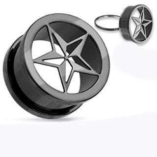 Pair of 00 Gauge 10mm Blackline Titanium Anodized Surgical Steel Punk Star Screw Fit Tunnel Plug E459 Body Piercing Tunnels Jewelry