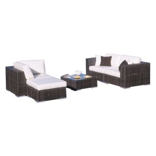 Hospitality Rattan Soho 5 Piece Deep Seating Conversation Sectional Set with Cushions and Tempered Glass   Rehau Fiber Java Brown   Conversation Patio Sets