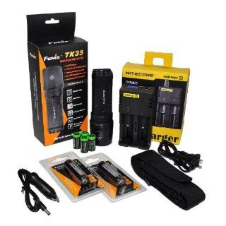FENIX TK35 U2 860 Lumen Tactical LED Flashlight with 2 x Fenix ARB L2 2600mAh 18650 Li ion rechargeable batteries, 4 X EdisonBright CR123A Lithium batteries, Nitecore i2 smart battery charger, in car Charger adapter, Holster & Lanyard complete bundle  