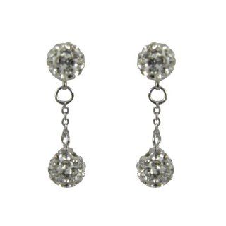 Sterling Silver Shamballa Inspired White Crystal Disco Balls Dangle Drop Earrings Jewelry