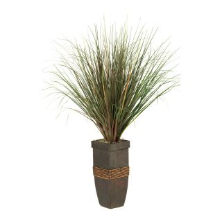 D and W Silks Burgundy/Green Onion Grass in Tall Square Wooden Planter   Silk Plants