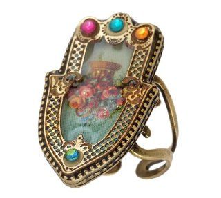 Michal Negrin Hamsa Ring with Flower Print, Vintage Elements and Multicolor Swarovski Crystals; Made in Israel Michal Negrin Jewelry