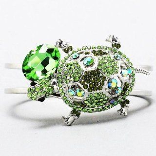 Gorgeous Green Crystal Turtle Hinged Cuff Bangle Bracelet Rhodium Plated Gift Boxed Jewelry