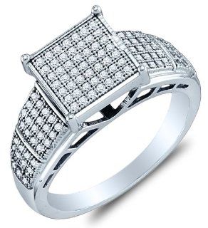 .925 Sterling Silver Plated in White Gold Rhodium Diamond Engagement OR Fashion Right Hand Ring Band   Square Princess Shape Center Setting w/ Micro Pave Set Round Diamonds   (1/3 cttw) Jewelry
