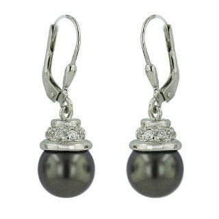 Sterling Silver Gray Freshwater Pearl Clear Cubic Zirconia Cap Level Back Earrings Dangle Earrings Jewelry