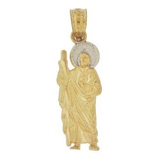 14k Yellow Gold White Rhodium, Mini Size Saint Jude San Judas Pendant Religious Charm Jewelry