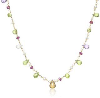 Multi Gemstone Teardrops and Rondelles with Linked White Freshwater Pearl on Gold Over Silver Necklace, 18" Jewelry