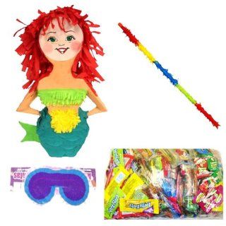 Mermaid Pinata Party Pack/Kit Including Pinata, Sweet & Sour Candy Filler Mix 2lb, Buster Stick and Blindfold Toys & Games