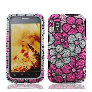ZTE Warp N860 N 860 Cell Phone Full Crystals Diamonds Bling Protective Case Cover Silver and Pink Floral Flowers Design Cell Phones & Accessories