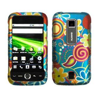 HUAWEI M860 ASCEND METRO PCS RUBBERIZED COATING HARD CASE BLUE YELLOW FLOWERS Cell Phones & Accessories