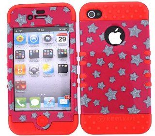 3 IN 1 HYBRID SILICONE COVER FOR APPLE IPHONE 4 4S HARD CASE SOFT RED RUBBER SKIN GLITTER STARS RD TP886 KOOL KASE ROCKER CELL PHONE ACCESSORY EXCLUSIVE BY MANDMWIRELESS Cell Phones & Accessories