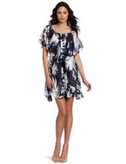 Vince Camuto Women's Abstract Leaf Tie Waist Dress, Blue Night, 10