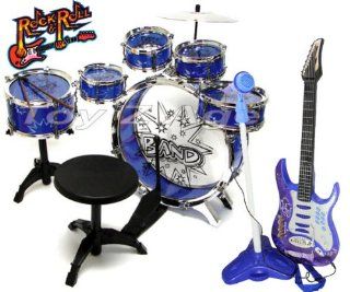 Kids Drum set 11 Pcs. with Rock n Roll Kareokee Microphone and Electronic guitar with 9 melodies and tons of other options, This is tons of fun for kids Toys & Games