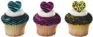 Wild Hearts Zebra & Leopard Print Cupcake Topper Ring Picks   Set of 12  Decorative Cake Toppers  