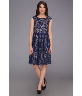Maggy London Cap Sleeve Lace Gathered Dress w/ Skirt Womens Dress (Navy)