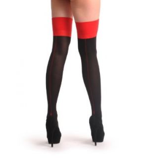 Black With Red Back Seam & Red Elasticated Top   Black Seamed Designer Stockings