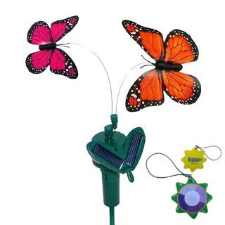 HQRP 2 Solar Powered Flying Fluttering Butterflies Orange Monarch and Pink Monarch for Garden Plants Flowers plus HQRP UV Chain / UV Radiation Health Meter  Solar Panels  Patio, Lawn & Garden