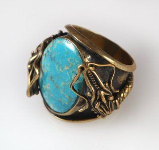 897 Double Dragon Bronze and Turquoise stone ring/ Organic / Silver Jewelry of Bali Jewelry