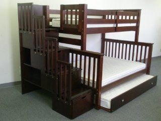 Bedz King Twin Over Full Stairway Bunk Bed with Twin Trundle, Cappuccino Home & Kitchen
