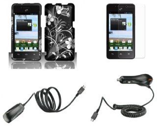Huawei Ascend Plus H881C (Straight Talk, Net 10, Tracfone)   Accessory Combo Kit   Silver Meadow Butterfly Flower on Black Design Shield Case + Atom LED Keychain Light + Screen Protector + Wall Charger + Car Charger Cell Phones & Accessories