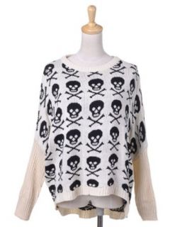 Anna Kaci S/M Fit Beige Dolman Sleeve Black Pirate Skull Print Pullover Sweater