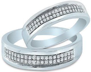 10k White Gold Mens and Ladies Couple His & Hers 2 Two Ring Matching Wedding Ring Band Set   Round Diamonds   Micro Pave Two Row (1/4 cttw) Jewelry