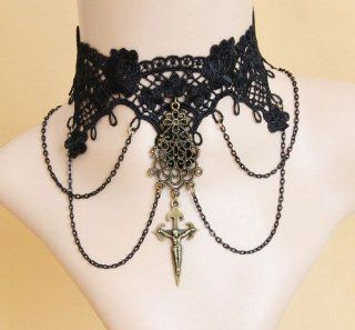 Black Lace Gothic Halloween Cosplay Cross Choker Necklace Jewelry