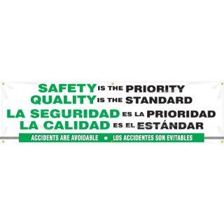 Accuform Signs SBMBR897 Reinforced Vinyl Spanish Bilingual Motivational Vertical Banner "SAFETY IS THE PRIORITY QUALITY IS THE STANDARD LA SEGURIDAD ES LA PRIORIDAD LA CALIDAD ES LA ESTANDAR ACCIDENTS ARE AVOIDABLE" with Metal Grommets, 28" 