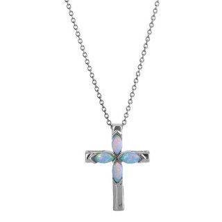 Sterling Silver Synthetic Blue Opal Cross Pendant/Necklace 18 Inches Silver Chain Jewelry
