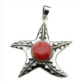 Red Coral & 925 Sterling Silver Starfish Pendant Jewelry