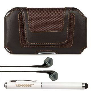 Executive Faux Leatherette Brown Nylon Case with Belt Clip for Visual Land Phantom ME 907 Series HD Touch Screen Media Player + Black Handsfree Hifi Noise Isolating Stereo Headphones with Windscreen Mic + VG Executive Stylus Pen with Integrated Laser Point
