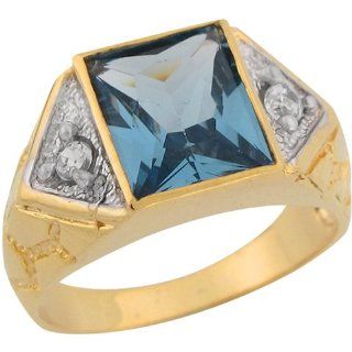 10k Two Tone Real Gold Synthetic Aquamarine Nugget Band Mens Ring Jewelry