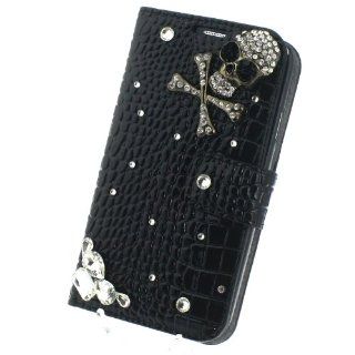 Flip Man made Black Crocodile Alligator PU Leather Chrome Diamond Skull Head Crystal Bling Card Wallet Case Cover for Samsung Galaxy S4