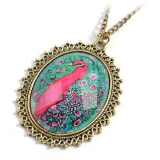 Women Peacock Inlaid Oval Shaped Pendant Bronze Tone Necklace Jewelry